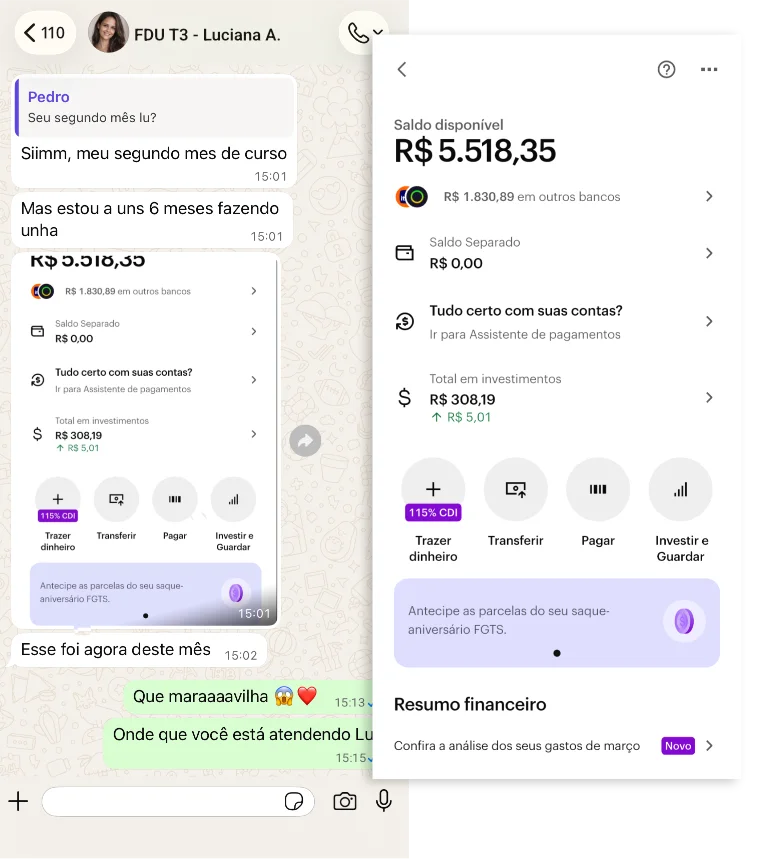 Conversa com Luciana A. e saldo da conta