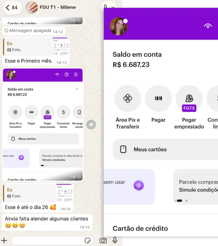 Conversa com Milene e saldo da conta